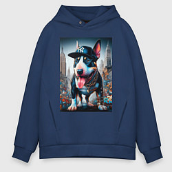 Толстовка оверсайз мужская Funny bull terrier in New York - ai art, цвет: тёмно-синий