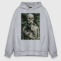 Мужское худи оверсайз Скелет с черным котом