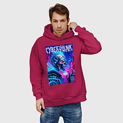 Толстовка оверсайз мужская Neon punk skeleton - ai art fantasy, цвет: маджента — фото 2