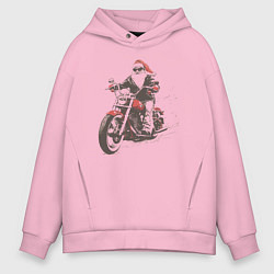 Мужское худи оверсайз Дед мороз на мотоцикле чоппере