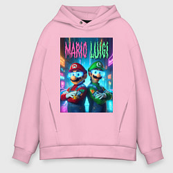 Мужское худи оверсайз Марио и Луиджи в неоновом городе - нейроарт