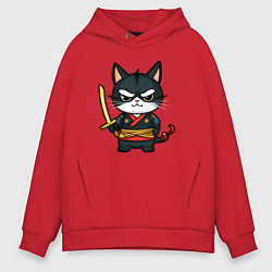 Мужское худи оверсайз Смелый кот самурай