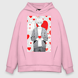 Мужское худи оверсайз Манга мальчик с сердечками