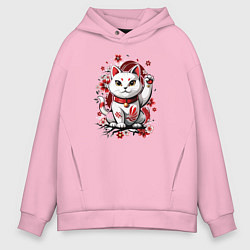 Мужское худи оверсайз Манеки Неко, белая кошка удачи