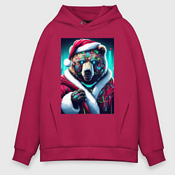 Толстовка оверсайз мужская Cyber bear - Santa Claus, цвет: маджента