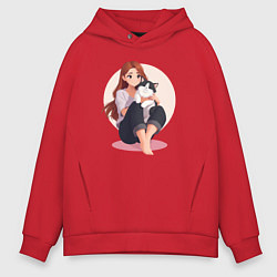 Мужское худи оверсайз Сидящая девушка с кошкой на ногах