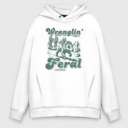 Мужское худи оверсайз Управляю дикими детьми - енот на динозавре