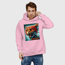 Толстовка оверсайз мужская Super cyber red cat - ai art fantasy, цвет: светло-розовый — фото 2