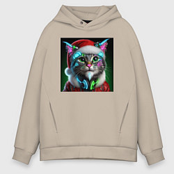 Мужское худи оверсайз Новогодний кибер котик - нейроарт