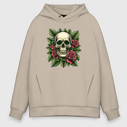 Мужское худи оверсайз Череп в зеленых листьях и красных розах