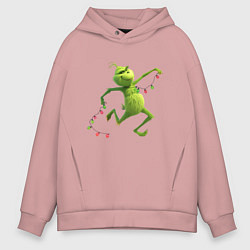 Мужское худи оверсайз Новогоднее настроение гринч с гирляндой