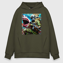 Толстовка оверсайз мужская Shark and warrior - graffiti, цвет: хаки