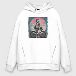 Мужское худи оверсайз Девочка эмо анархистка с велосипедом - дождь и кош