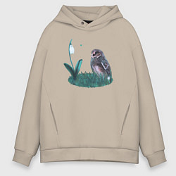 Толстовка оверсайз мужская Сова и подснежник, цвет: миндальный