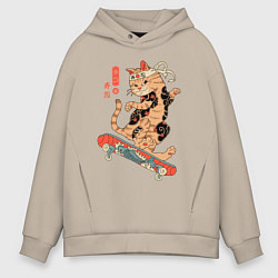 Мужское худи оверсайз Кот самурай - скейтбордист