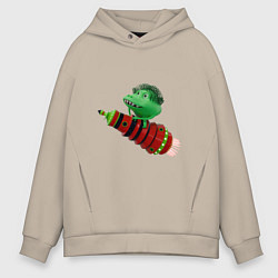 Мужское худи оверсайз Зеленый монстр на красной ракете