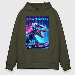 Толстовка оверсайз мужская Tyrannosaurus is esports player - neon glow, цвет: хаки