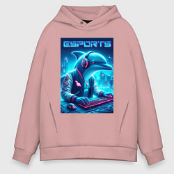 Толстовка оверсайз мужская Дельфин крутой киберспортсмен - нейроарт, цвет: пыльно-розовый