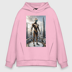 Толстовка оверсайз мужская Инопланетянин в городе будущего, цвет: светло-розовый
