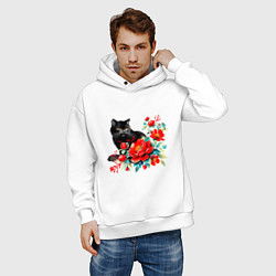 Толстовка оверсайз мужская Черный кот и красные цветы, цвет: белый — фото 2