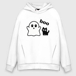 Мужское худи оверсайз Хэллоуин, привидение и черный кот