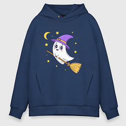 Толстовка оверсайз мужская Хэллоуин, привидение на метле, луна, цвет: тёмно-синий