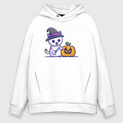 Толстовка оверсайз мужская Cat pumpkin, цвет: белый