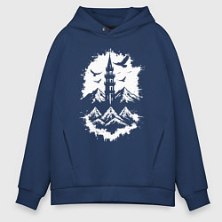 Толстовка оверсайз мужская Башня с орлами в горах, цвет: тёмно-синий