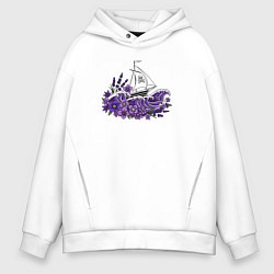 Мужское худи оверсайз Корабль в фиолетовых волнах