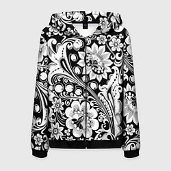 Толстовка 3D на молнии мужская Хохлома черно-белая, цвет: 3D-черный