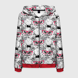 Толстовка 3D на молнии мужская Совы в очках, цвет: 3D-красный