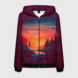 Толстовка 3D на молнии мужская Minimal forest sunset, цвет: 3D-черный