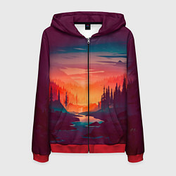 Толстовка 3D на молнии мужская Minimal forest sunset, цвет: 3D-красный