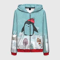 Толстовка 3D на молнии мужская Милый пингвин, цвет: 3D-красный