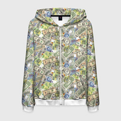 Толстовка 3D на молнии мужская Разная Денежная Валюта Доллары, Евро, Франки, цвет: 3D-белый