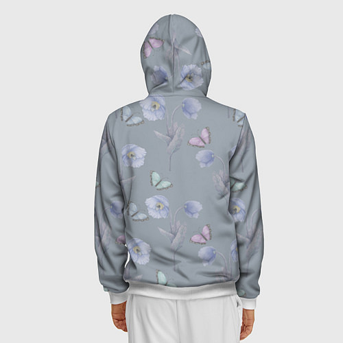 Мужская толстовка на молнии Бабочки и цветы голубого мака / 3D-Белый – фото 4