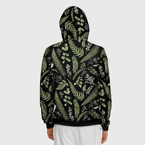 Мужская толстовка на молнии Зелёные листья папоротника на черном фоне / 3D-Черный – фото 4