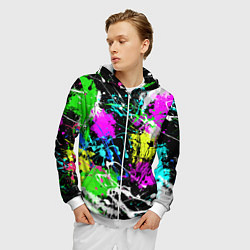 Толстовка 3D на молнии мужская Разноцветные пятна краски на черном фоне, цвет: 3D-белый — фото 2