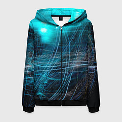 Толстовка 3D на молнии мужская Неоновые волны и линии - Голубой, цвет: 3D-черный