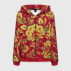 Мужская толстовка на молнии Хохломская Роспись Цветы На красном Фоне