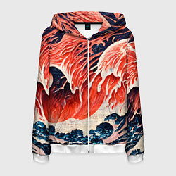 Толстовка 3D на молнии мужская Великая красная волна, цвет: 3D-белый