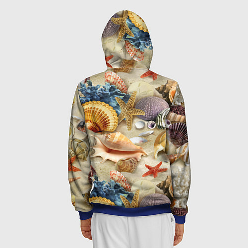 Мужская толстовка на молнии Морские раковины, кораллы, морские звёзды на песке / 3D-Синий – фото 4