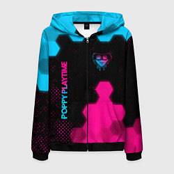 Толстовка 3D на молнии мужская Poppy Playtime - neon gradient: символ и надпись в, цвет: 3D-черный