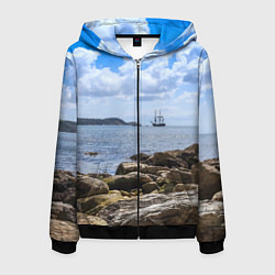 Толстовка 3D на молнии мужская Парусник на горизонте океана, цвет: 3D-черный