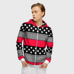 Толстовка 3D на молнии мужская Red and black pattern with stripes and stars, цвет: 3D-белый — фото 2