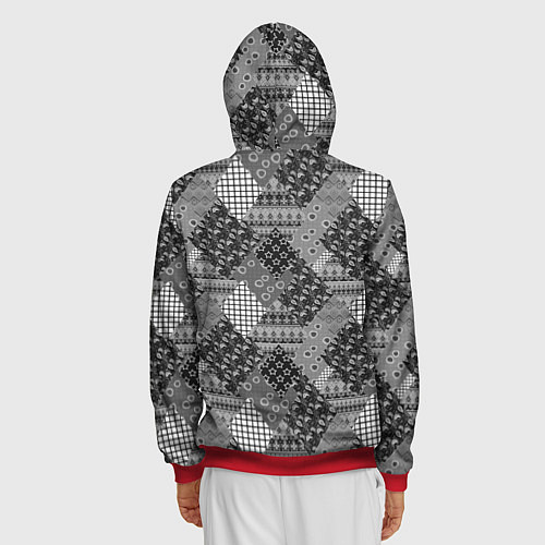 Мужская толстовка на молнии Black and White Ethnic Patchwork Pattern / 3D-Красный – фото 4