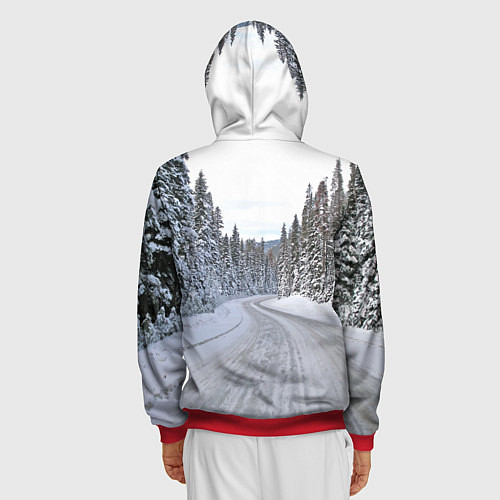 Мужская толстовка на молнии BMW - зимняя дорога через лес / 3D-Красный – фото 4