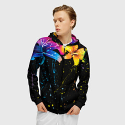 Толстовка 3D на молнии мужская Цветные лилии, цвет: 3D-черный — фото 2