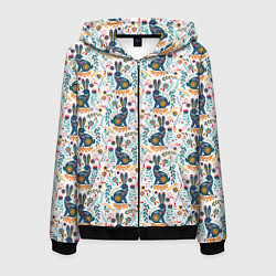 Толстовка 3D на молнии мужская Новогодний паттерн - Кролики и веточки, цвет: 3D-черный