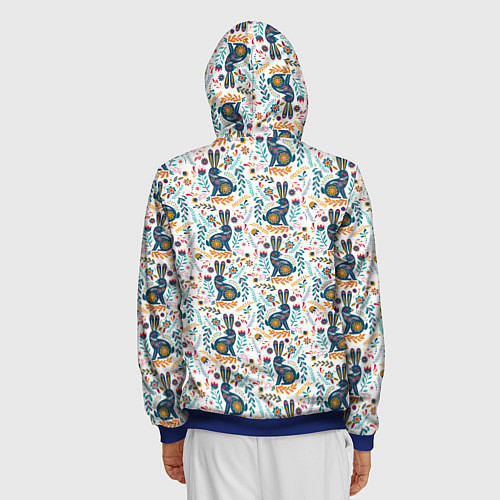 Мужская толстовка на молнии Новогодний паттерн - Кролики и веточки / 3D-Синий – фото 4